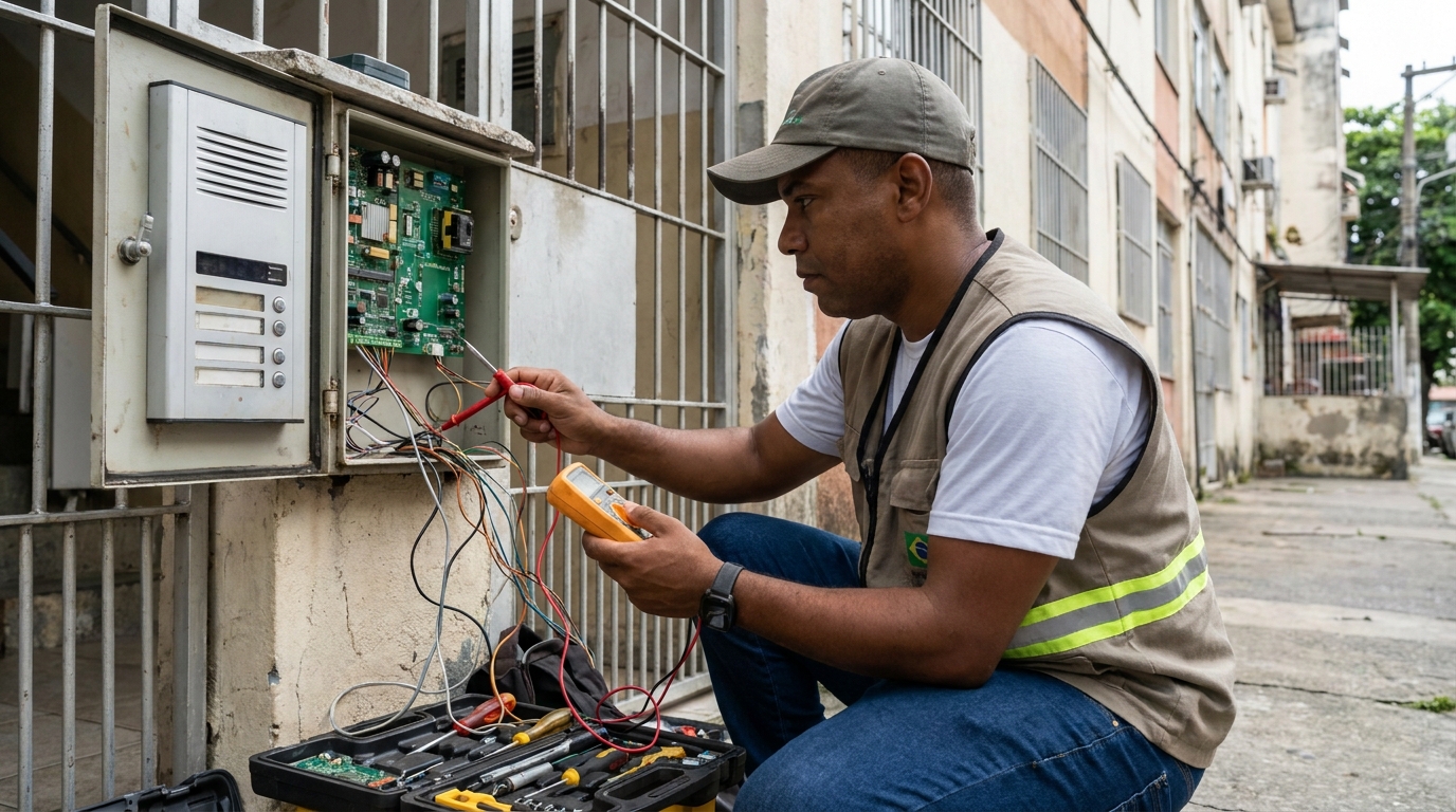 Eletricista consertando interfone em Betim‑MG