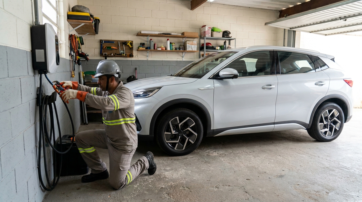 Eletricista instalando carregador de carro eletrico em Betim‑MG