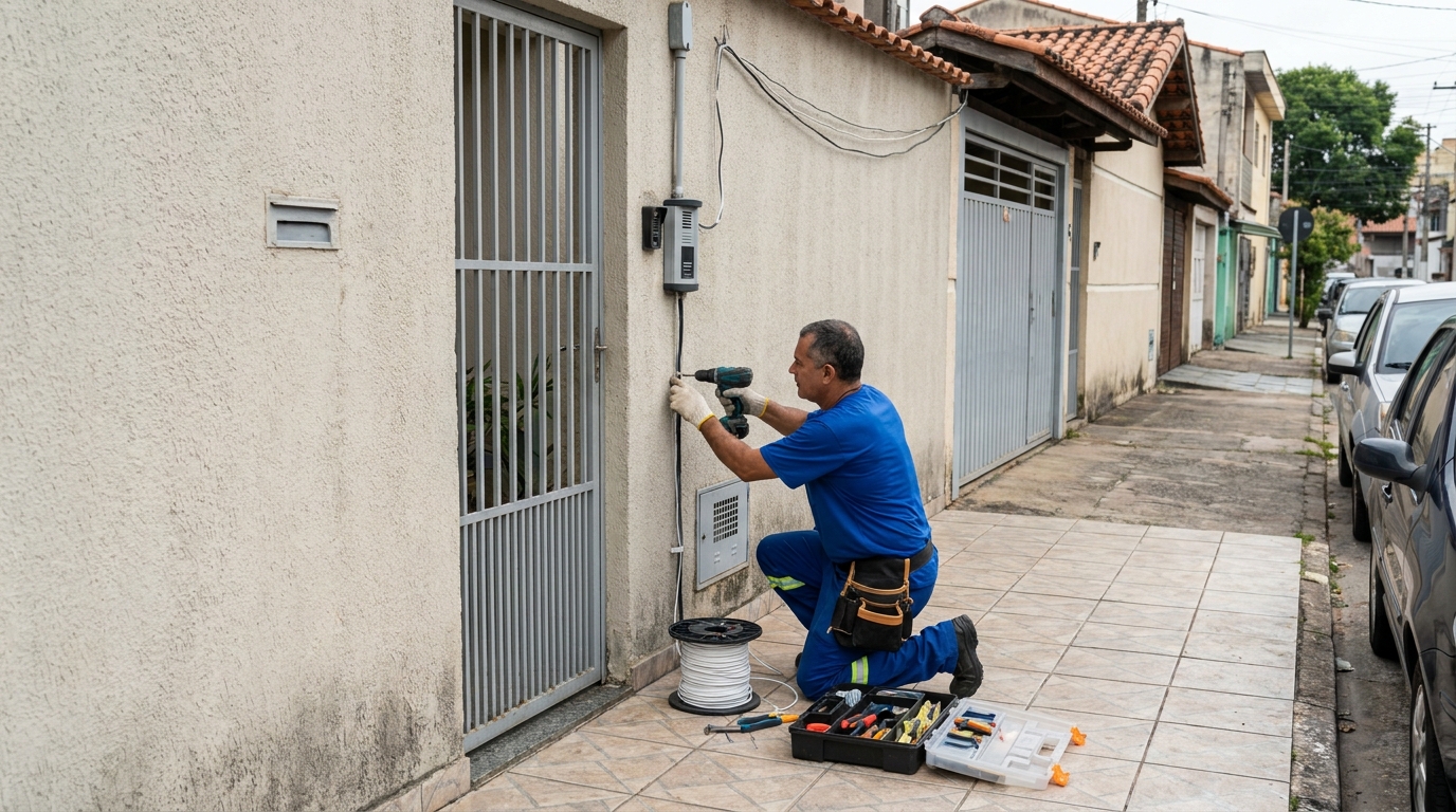 Eletricista instalando interfone em Betim‑MG