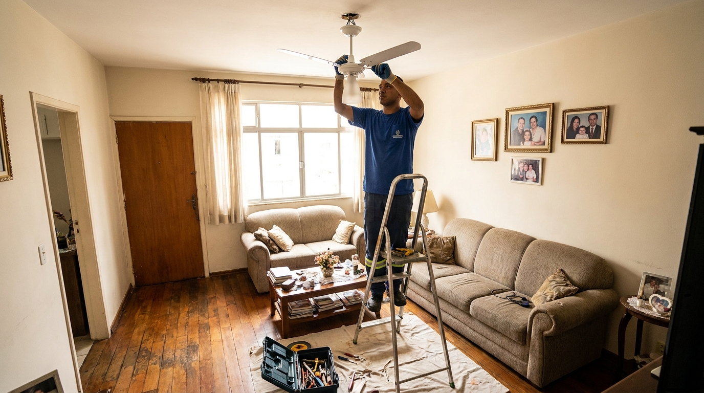 Eletricista instalando ventilador de teto em Betim‑MG